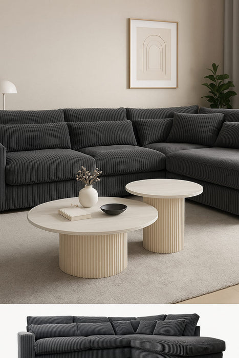 Table basse Mina pied travertin plateau ceramique bois blanc