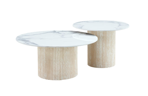 Table basse Mina pied travertin plateau ceramique marbre blanc