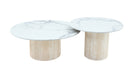 Table basse Mina pied travertin plateau ceramique marbre blanc