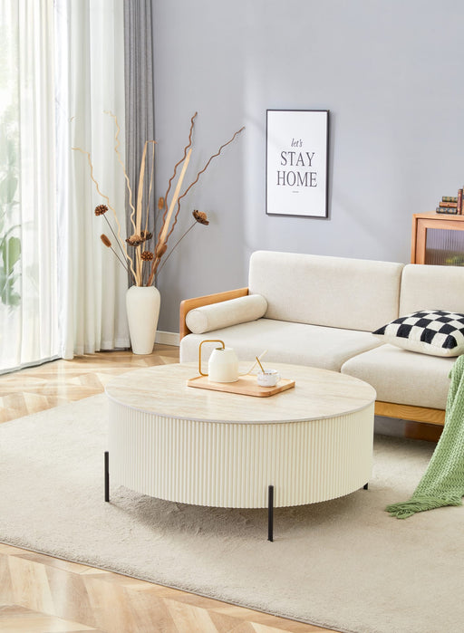 TABLE BASSE RUBY PIED EFFET TRAVERTIN CERAMIQUE EFFET TRAVERTIN MAT 90cm