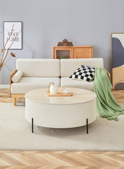 TABLE BASSE RUBY PIED EFFET TRAVERTIN CERAMIQUE EFFET TRAVERTIN MAT 90cm