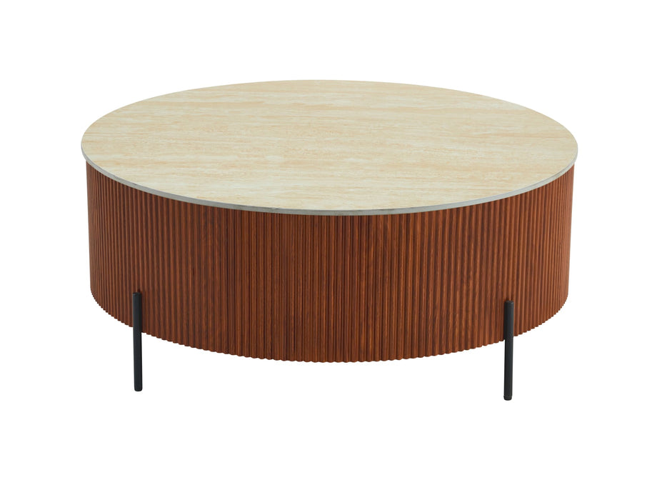TABLE BASSE RUBY PIED EFFET NOISETTE CERAMIQUE EFFET TRAVERTIN MAT 80cm