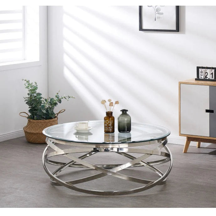 Table Basse EVOL structure chrome et plateau en verre D 80cm transparent