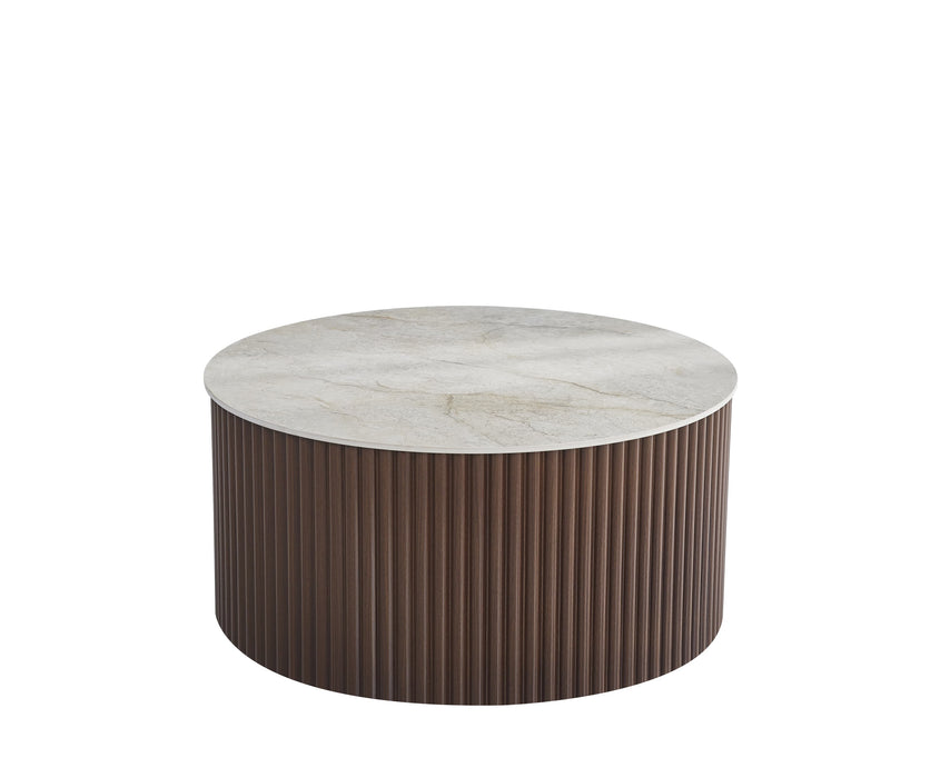 TABLE BASSE GIGOGNE TOFFEE EFFET NOYER PLATEAU CERAMIQUE SHAKESPEARE GRIS D100cm - image 1
