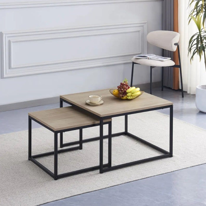 Table basse gigogne BELGRADE métal noir plateau en bois - image 2