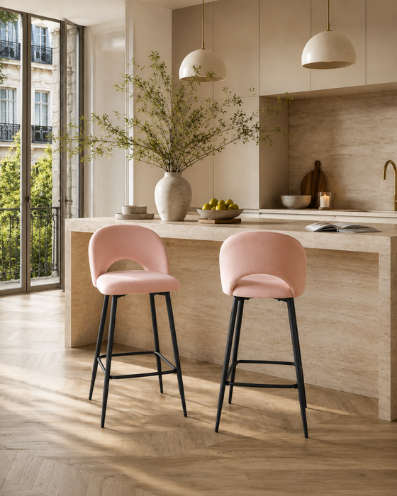 TABOURET DE BAR TEDDY PIED METAL NOIR VELOURS ROSE