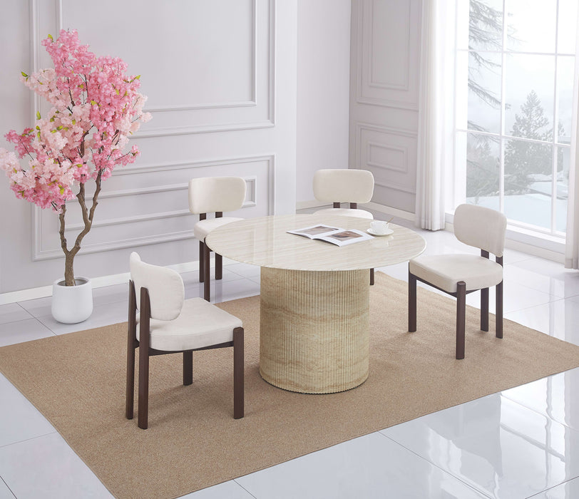 TABLE A MANGER RONDE BAIETAA PLATEAU CERAMIQUE TRAVERTIN BRILLANT PIED EFFET TRAVERTIN 120CM - image 1