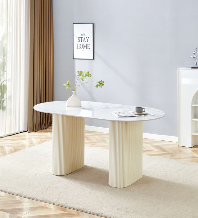 TABLE A MANGER ROXY PIED BEIGE CERAMIQUE MARBRE BLANC 180x90cm - image 5