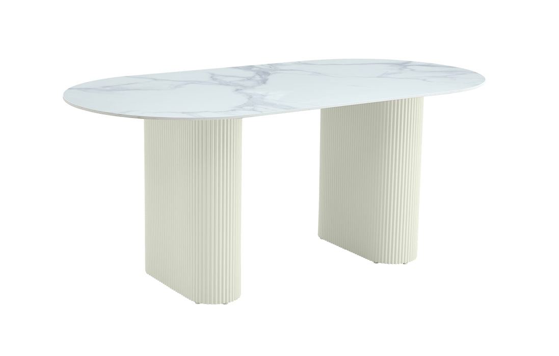 TABLE A MANGER ROXY PIED BEIGE CERAMIQUE MARBRE BLANC 180x90cm