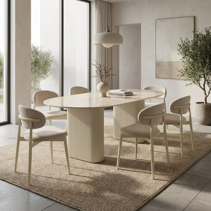 TABLE A MANGER ROXY PIED METAL BEIGE PLATEAU CERAMIQUE TRAVERTIN BRILLANT 160x90x75cm - image 4