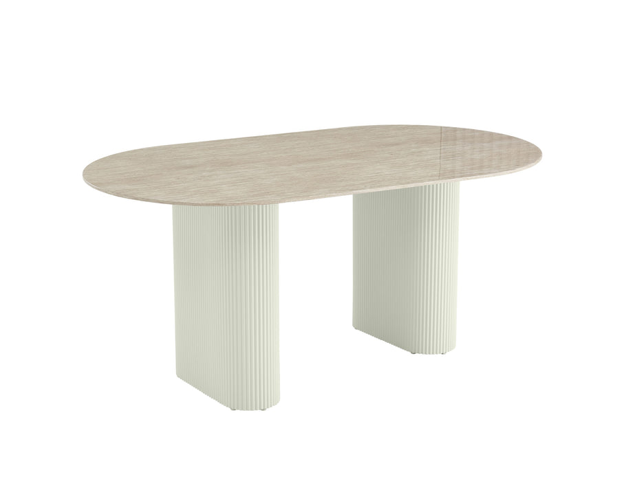 TABLE A MANGER ROXY PIED METAL BEIGE PLATEAU CERAMIQUE TRAVERTIN BRILLANT 160x90x75cm - image 2