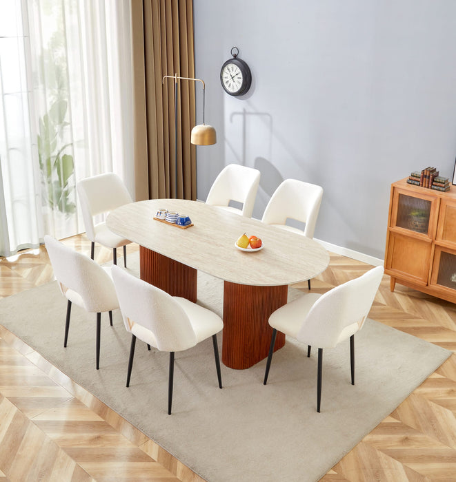TABLE A MANGER ROXY PIED NOISETTE CERAMIQUE EFFET TRAVERTIN MAT 180X90cm