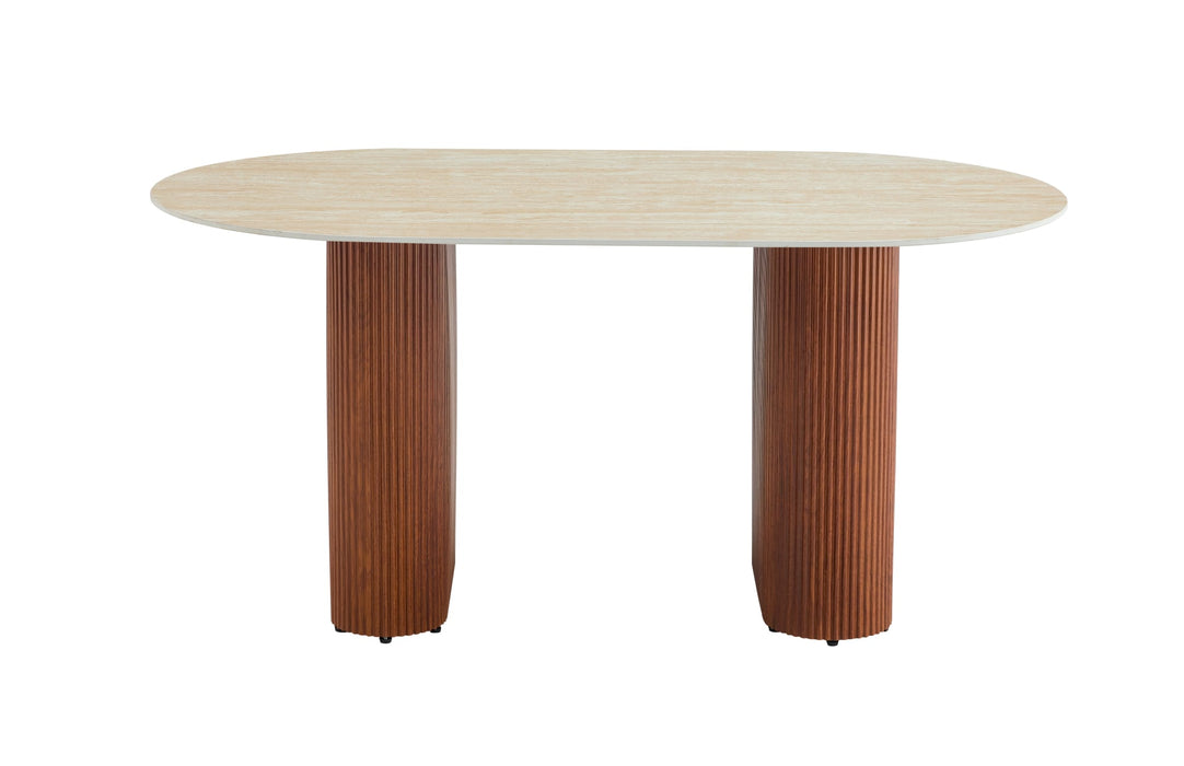TABLE A MANGER ROXY PIED NOISETTE CERAMIQUE EFFET TRAVERTIN MAT 180X90cm