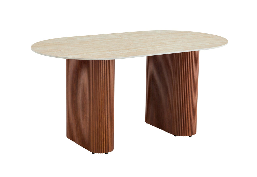TABLE A MANGER ROXY PIED NOISETTE CERAMIQUE EFFET TRAVERTIN MAT 180X90cm