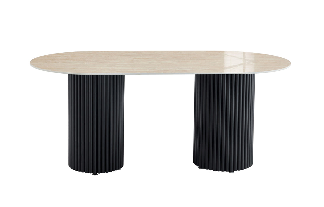 TABLE A MANGER KEYSHA PIED METAL NOIR CERAMIQUE TRAVERTIN BRILLANT 180cm - image 1