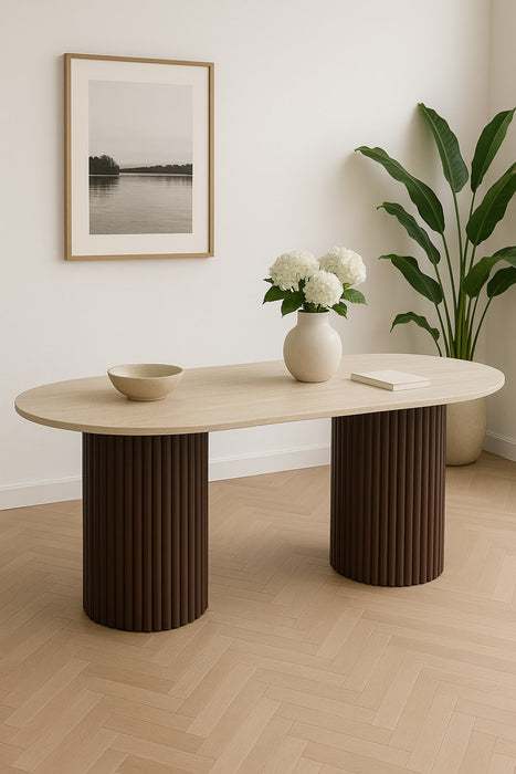 TABLE A MANGER KEYSHA PIED NOYER PLATEAU CERAMIQUE TRAVERTIN MAT 180CM