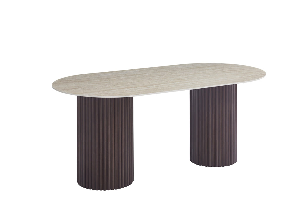 TABLE A MANGER KEYSHA PIED NOYER PLATEAU CERAMIQUE TRAVERTIN MAT 180CM