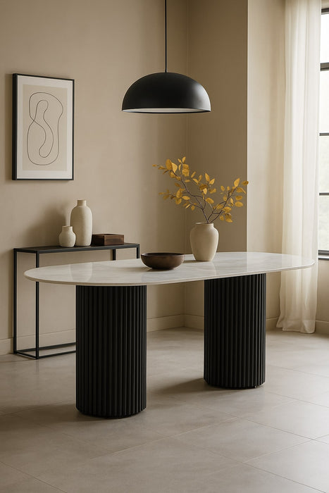 TABLE A MANGER KEYSHA METAL NOIR CERAMIQUE MOKA 180x90cm