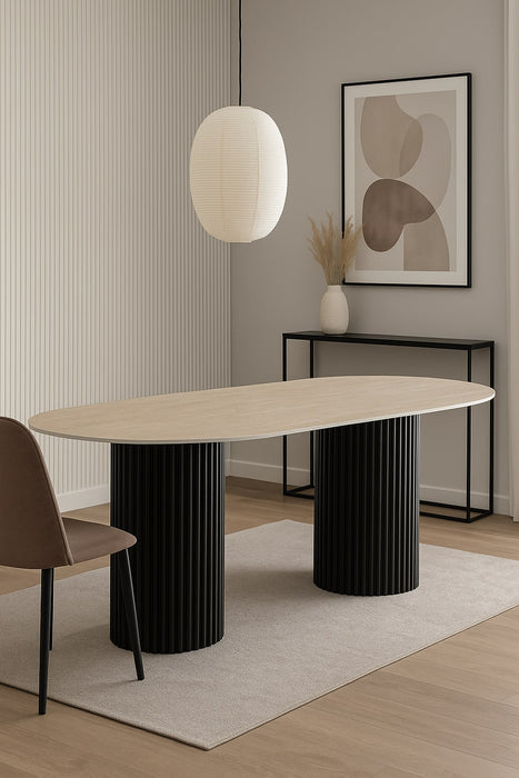 TABLE A MANGER KEYSHA METAL NOIR CERAMIQUE TRAVERTIN 180x90cm