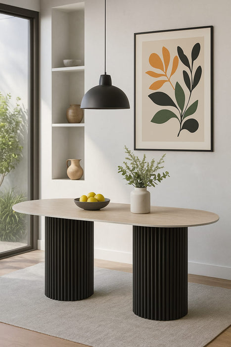 TABLE A MANGER KEYSHA METAL NOIR CERAMIQUE TRAVERTIN 180x90cm