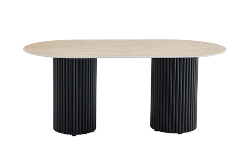 TABLE A MANGER KEYSHA METAL NOIR CERAMIQUE TRAVERTIN 180x90cm