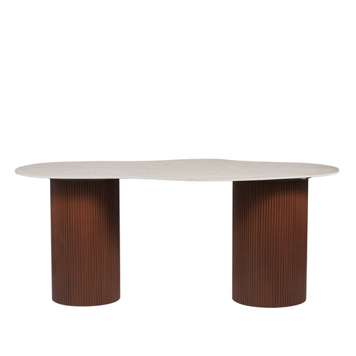 TABLE A MANGER NIKI PIED NOYER  PLATEAU CERAMIQUE TRAVERTIN MAT 180CM