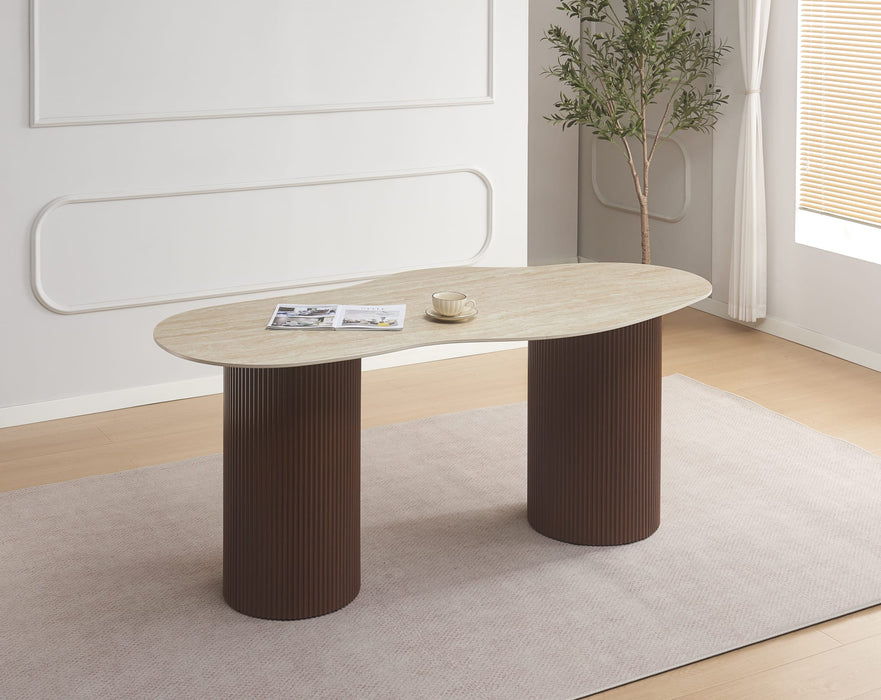 TABLE A MANGER NIKI PIED NOYER  PLATEAU CERAMIQUE TRAVERTIN MAT 180CM