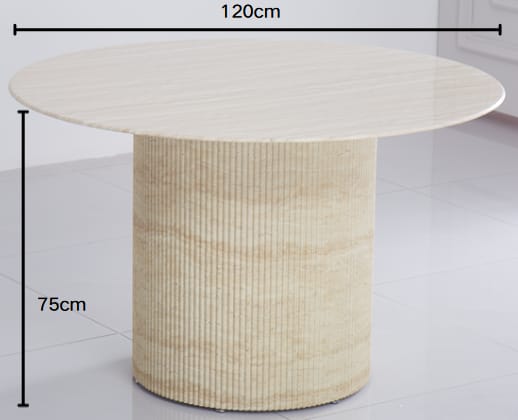 TABLE A MANGER RONDE BAIETAA PLATEAU CERAMIQUE TRAVERTIN BRILLANT PIED EFFET TRAVERTIN 120CM