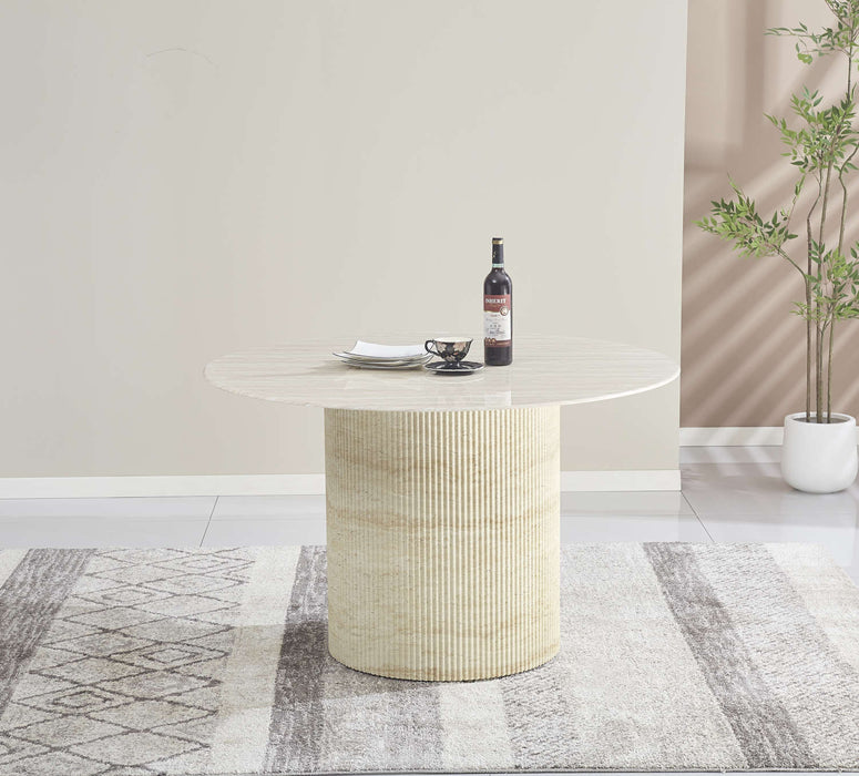 TABLE A MANGER RONDE BAIETAA PLATEAU CERAMIQUE TRAVERTIN BRILLANT PIED EFFET TRAVERTIN 120CM