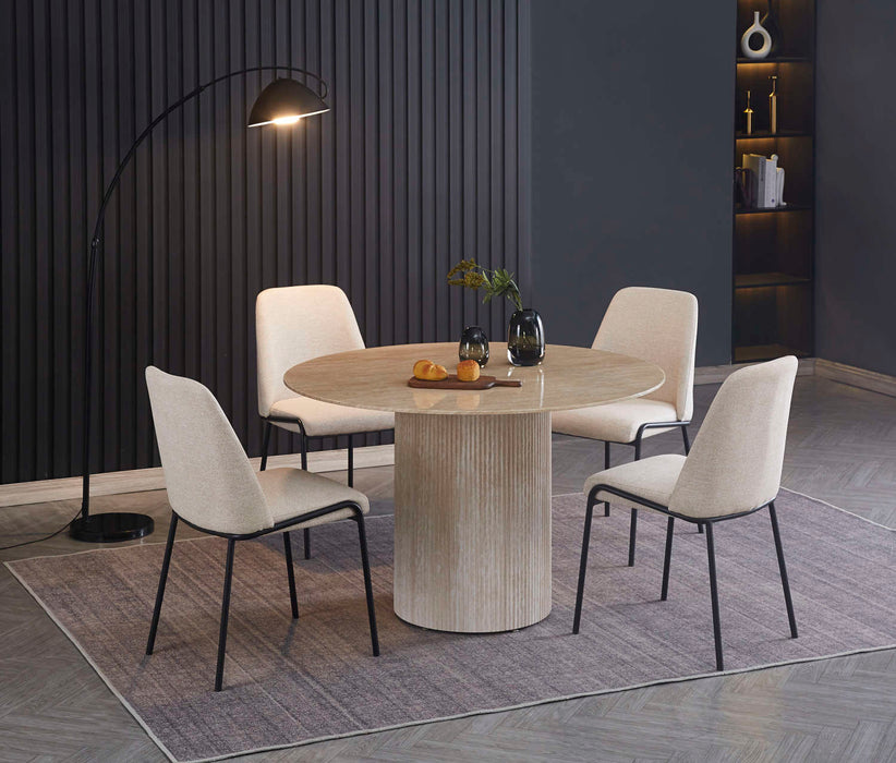 TABLE A MANGER RONDE BAIETAA PLATEAU CERAMIQUE TRAVERTIN BRILLANT PIED EFFET TRAVERTIN 120CM