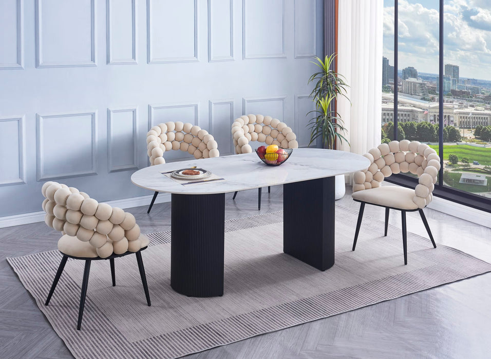 TABLE A MANGER ANNA PIED BEIGE PLATEAU EN CERAMIQUE MARBRE GRIS 180x90x75CM