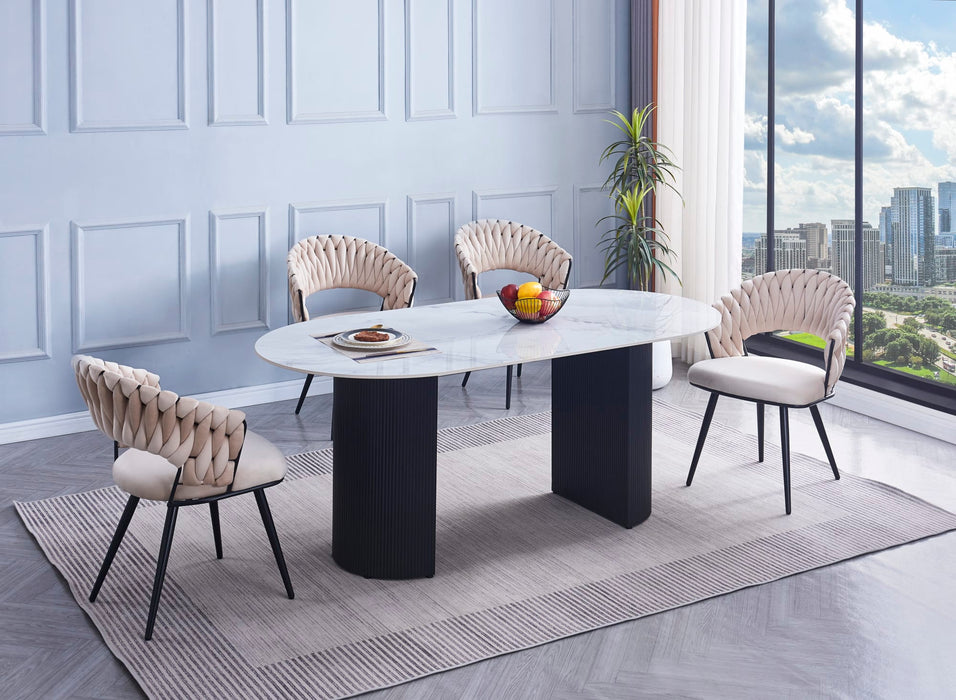 TABLE A MANGER ANNA PIED BEIGE PLATEAU EN CERAMIQUE MARBRE GRIS 180x90x75CM