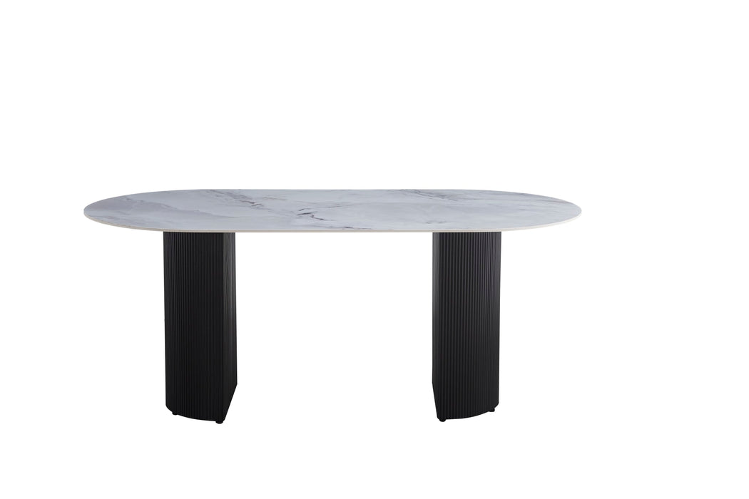 TABLE A MANGER ANNA PIED BEIGE PLATEAU EN CERAMIQUE MARBRE GRIS 180x90x75CM