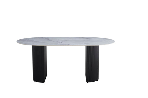 TABLE A MANGER ANNA PIED BEIGE PLATEAU EN CERAMIQUE MARBRE GRIS 180x90x75CM