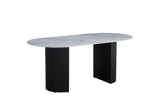 TABLE A MANGER ANNA PIED BEIGE PLATEAU EN CERAMIQUE MARBRE GRIS 180x90x75CM