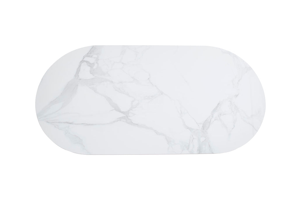 TABLE A MANGER SELENA PIED BEIGE PLATEAU CERAMIQUE MARBRE BLANC 180x90cm