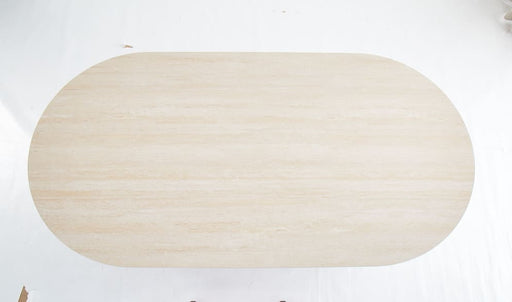 TABLE A MANGER SELENA PIED METAL NOIR PLATEAU EN CERAMIQUE TRAVERTIN MAT 180x90cm