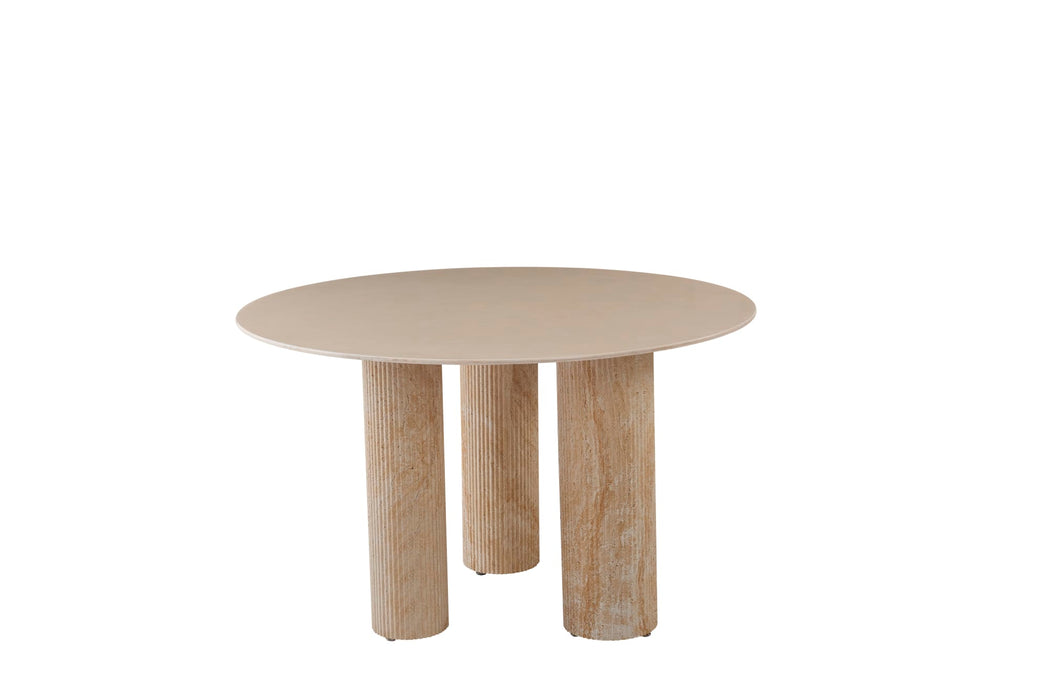 TABLE REPAS ANAÏS PIEDS METAL TRAVERTIN PLATEAU CERAMIQUE BEIGE 120cm