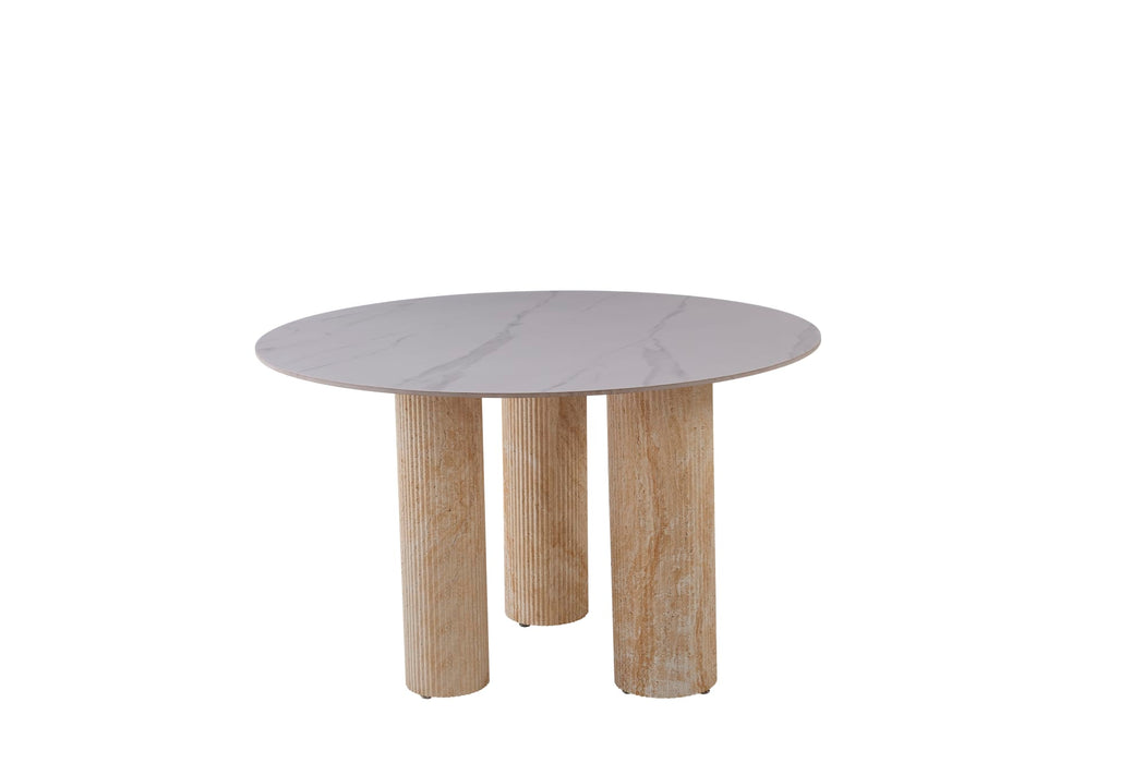 TABLE REPAS ANAÏS PIEDS METAL TRAVERTIN PLATEAU CERAMIQUE MARBRE BLANC 120 CM