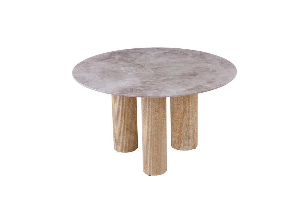 TABLE REPAS ANAÏS PIEDS METAL TRAVERTIN PLATEAU CERAMIQUE MARBRE GRIS 120 CM