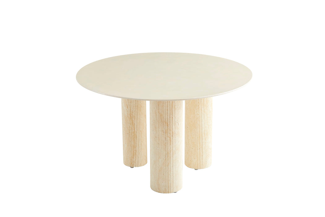 TABLE REPAS ANAÏS PIEDS TRAVERTIN PLATEAU CERAMIQUE BEIGE BRILLANT 120CM - image 1