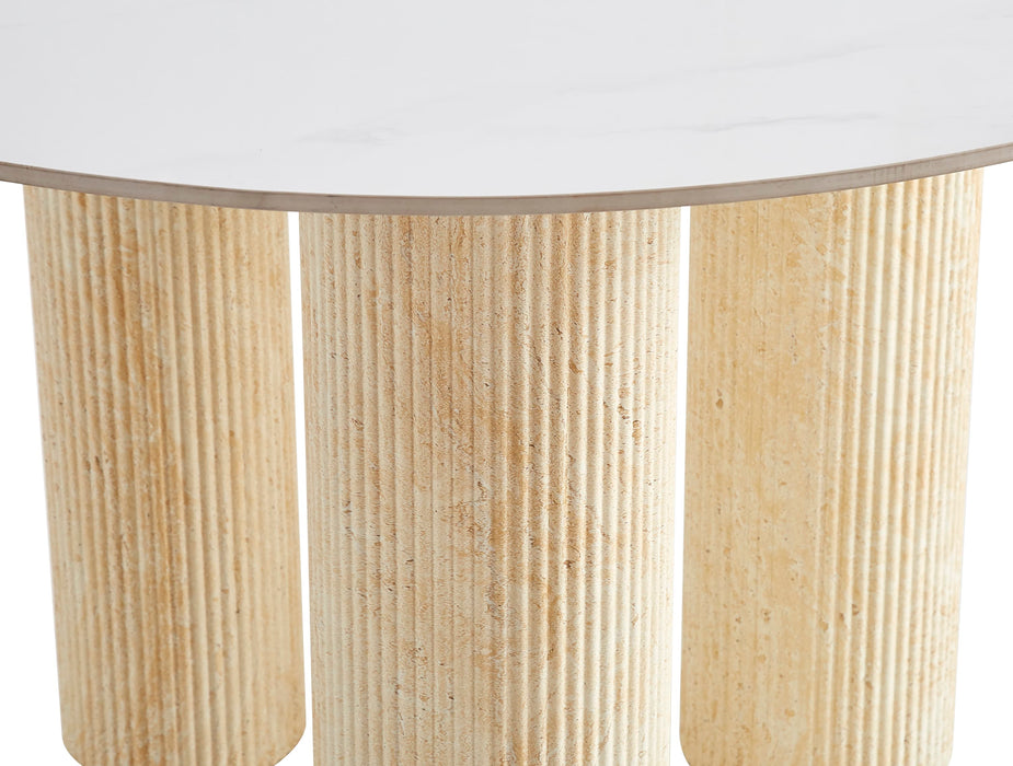 TABLE REPAS ANAÏS PIEDS TRAVERTIN PLATEAU CERAMIQUE MARBRE BLANC 120CM - image 3