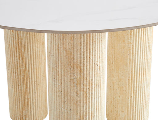 TABLE REPAS ANAÏS PIEDS METAL TRAVERTIN PLATEAU CERAMIQUE BEIGE 120cm