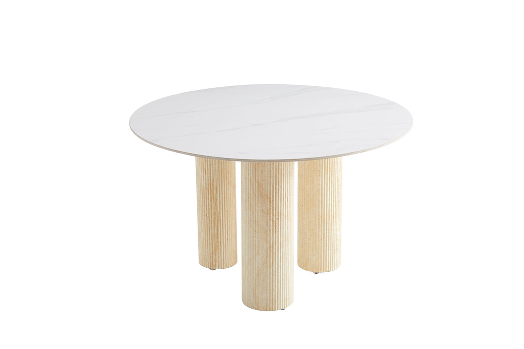 TABLE REPAS ANAÏS PIEDS TRAVERTIN PLATEAU CERAMIQUE MARBRE BLANC 120CM - image 1
