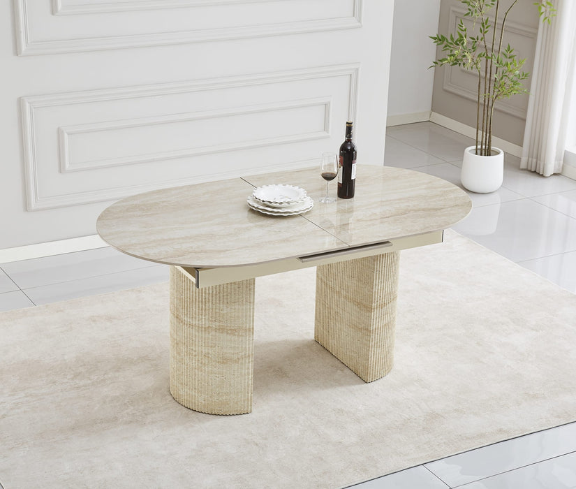 TABLE EXTENSIBLE SAHARA PIED EFFET TRAVERTIN PLATEAU CERAMIQUE TRAVERTIN BRILLANT 160/200x90x75