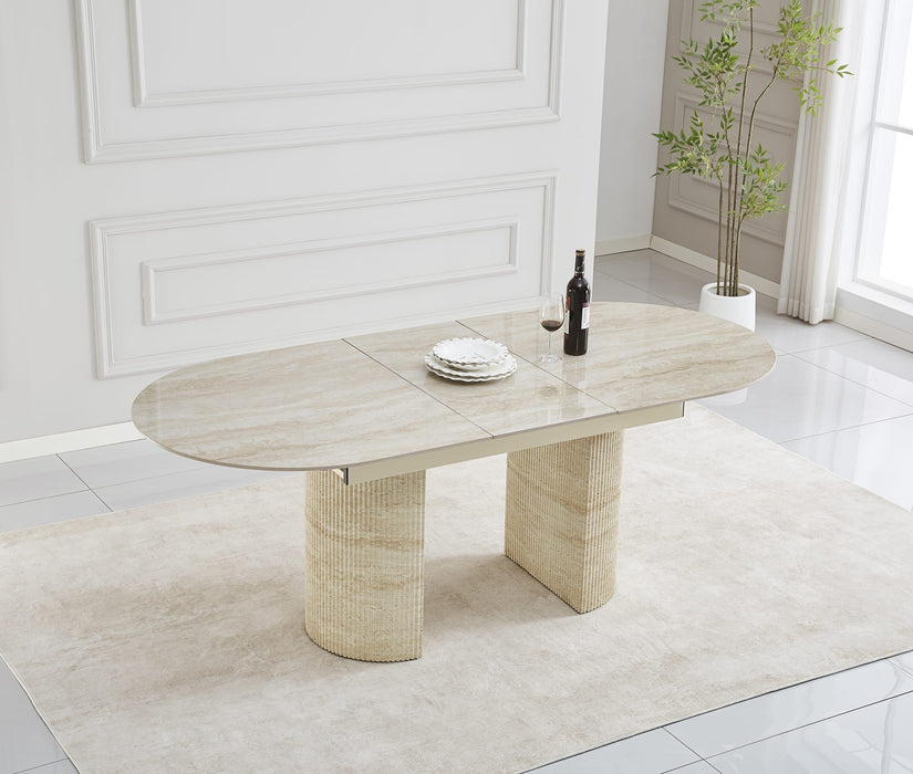 TABLE EXTENSIBLE SAHARA PIED EFFET TRAVERTIN PLATEAU CERAMIQUE TRAVERTIN BRILLANT 160/200x90x75