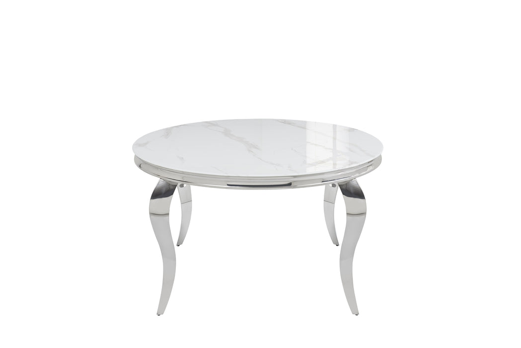 TABLE BAROQUE RONDE PIEDS CHROME PLATEAU EN VERRE MARBRE DE CARRARE 130x75cm - image 2