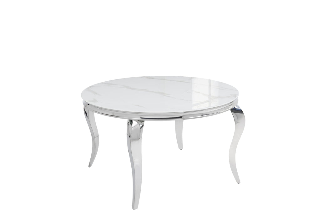 TABLE BAROQUE RONDE PIEDS CHROME PLATEAU EN VERRE MARBRE DE CARRARE 130x75cm - image 1