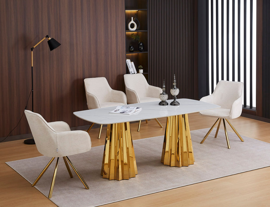 TABLE A MANGER SIENNA PIED GOLD PLATEAU CERAMIQUE MARBRE BLANC 180X90x75cm
