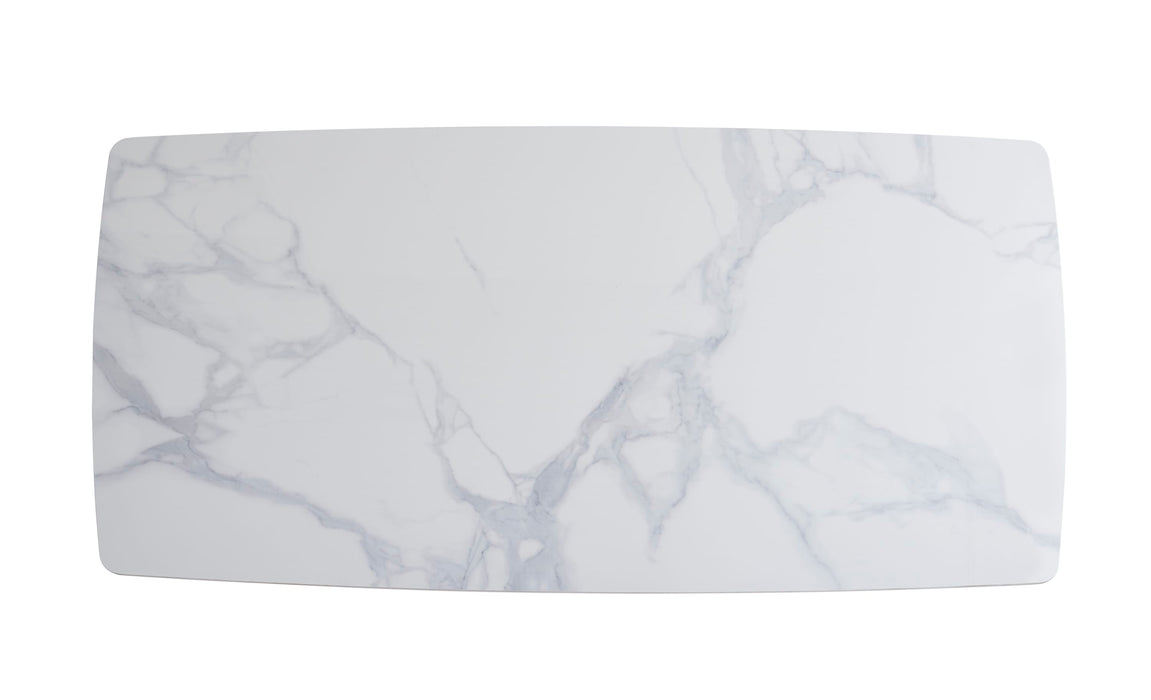 TABLE A MANGER GRAFFI PIED CHROME PLATEAU EN CERAMIQUE MARBRE BLANC180x90x75cm - image 1